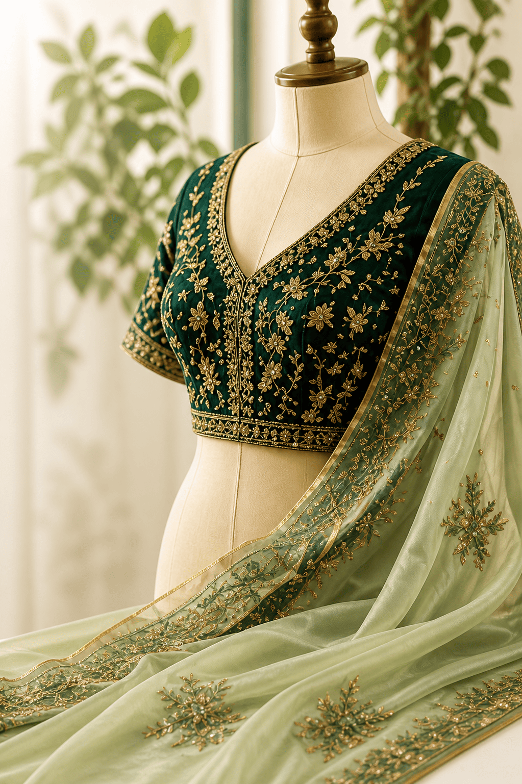 Designer green blouse on mannequin